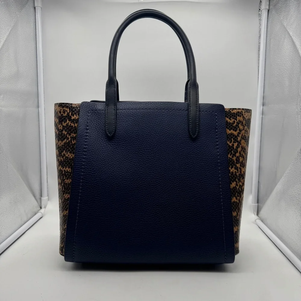 Coach Troupe Navy Blue and Leopard Print Leather Tote Bag Handbag Satchel Purse‎